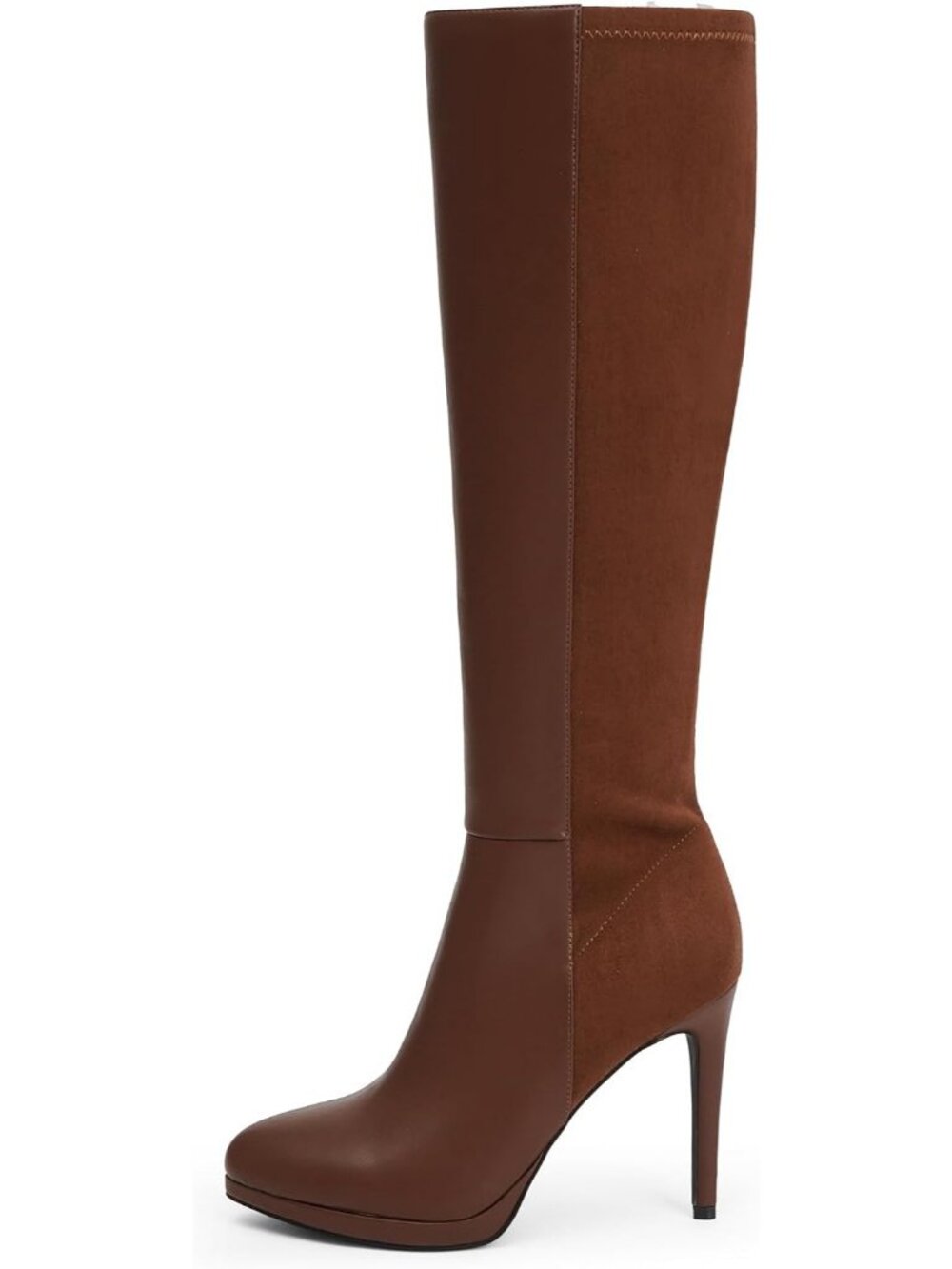 Women's Brown Pu Round Toe Stiletto Heels Fall Tall Platforms Boots Side Zipper